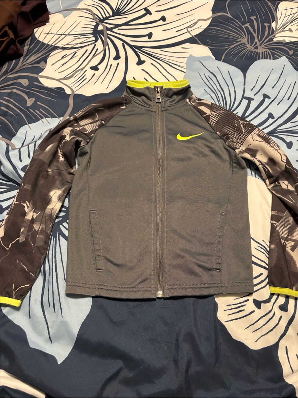 Nike Gray Jacket with Neon Yellow Swoosh and Camo Sleeves